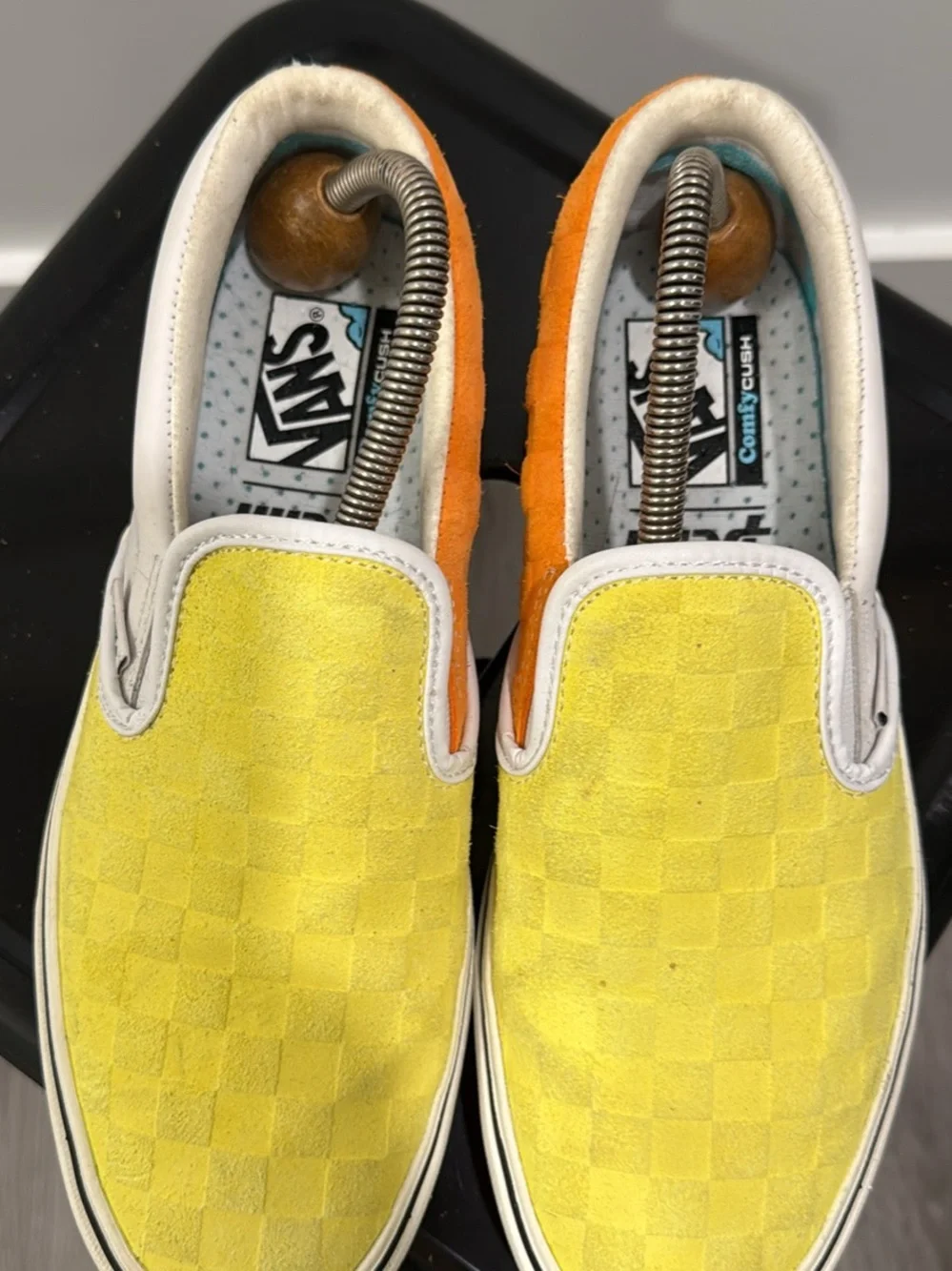 Vans Yellow Checkerboard Slip-On Loafers with Orange Heel Accent